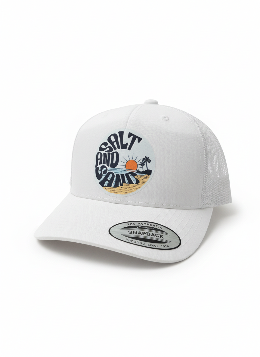 Salt and Sand sunset logo trucker hat product photo